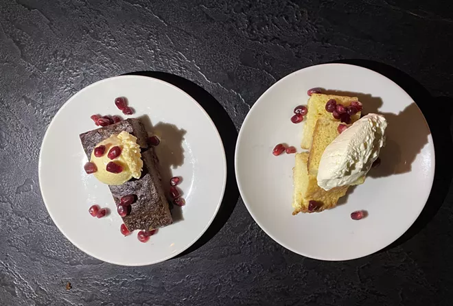 A Mexican chocolate brownie and tres leches cake are featured for dessert at Kismet. - CARRIE SCOZZARO