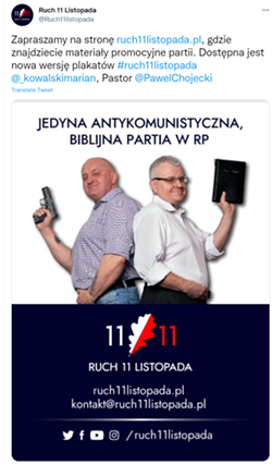 A poster for Pawel Chojecki the 11 November Movement party, "the only anti-Communist and Biblical Party in Poland's History" - FACEBOOK SCREENSHOT
