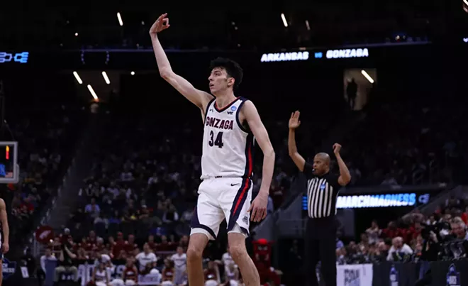 Holmgren drills a 3-pointer in the Zags' Sweet 16 loss to Arkansas. - PIERREPIERREPRODUCTIONS