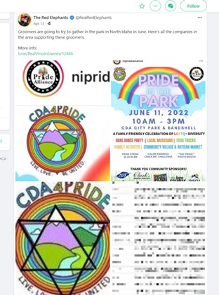 In Gab, alt-right videostreamer Vince James uploads a modified version of the CDA4Pride logo that adds a Star of David into the design... - GAB SCREENSHOT (WITH NAMES OF SPONSORS BLURRED)