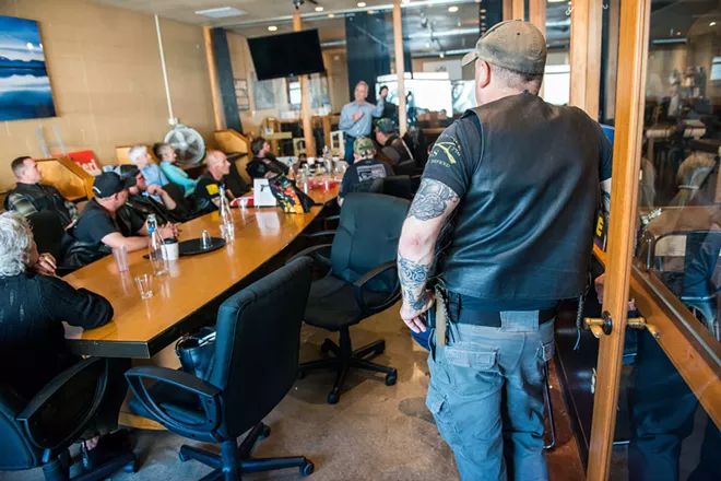 Audience members at a Panhandle Patriots forum listen to Idaho state Senate Candidate Carl Bjerke - DANIEL WALTERS PHOTO
