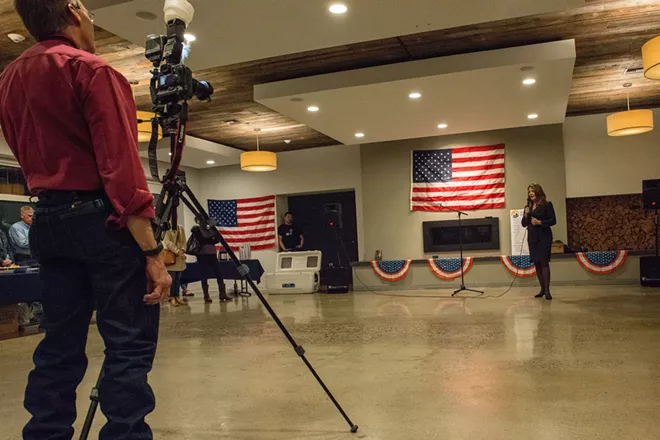 Janice McGeachin speaks at a small rally in Moscow, Idaho. While McGeachin was resoundingly defeated throughout the state, she did much better in North Idaho. - DANIEL WALTERS PHOTO