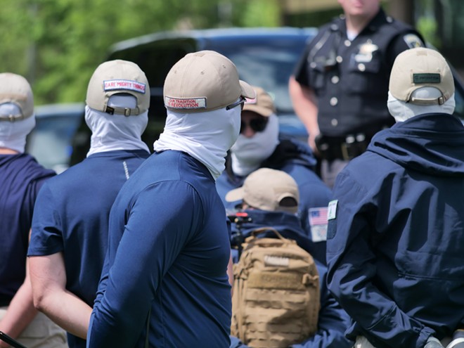 Thirty-one Patriot Front members were arrested near Pride at the Park for "conspiracy to riot." - DAVID NEIWERT PHOTO