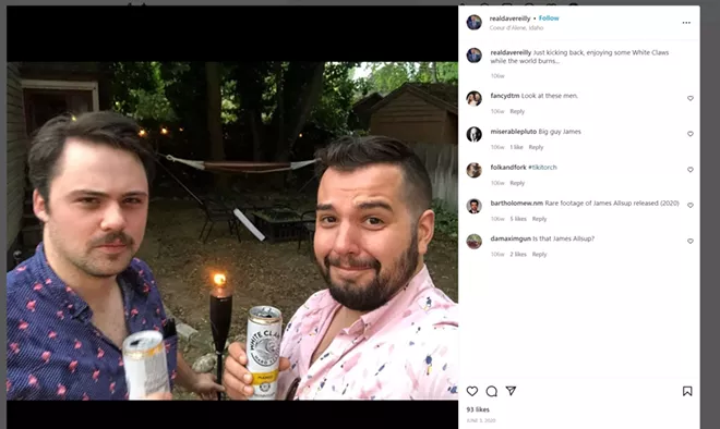 Dave Reilly (right) with white supremacist James Allsup in an Instagram post taken in Coeur d'Alene. Allsup is holding a tiki torch — and not for the first time. - INSTAGRAM SCREENSHOT