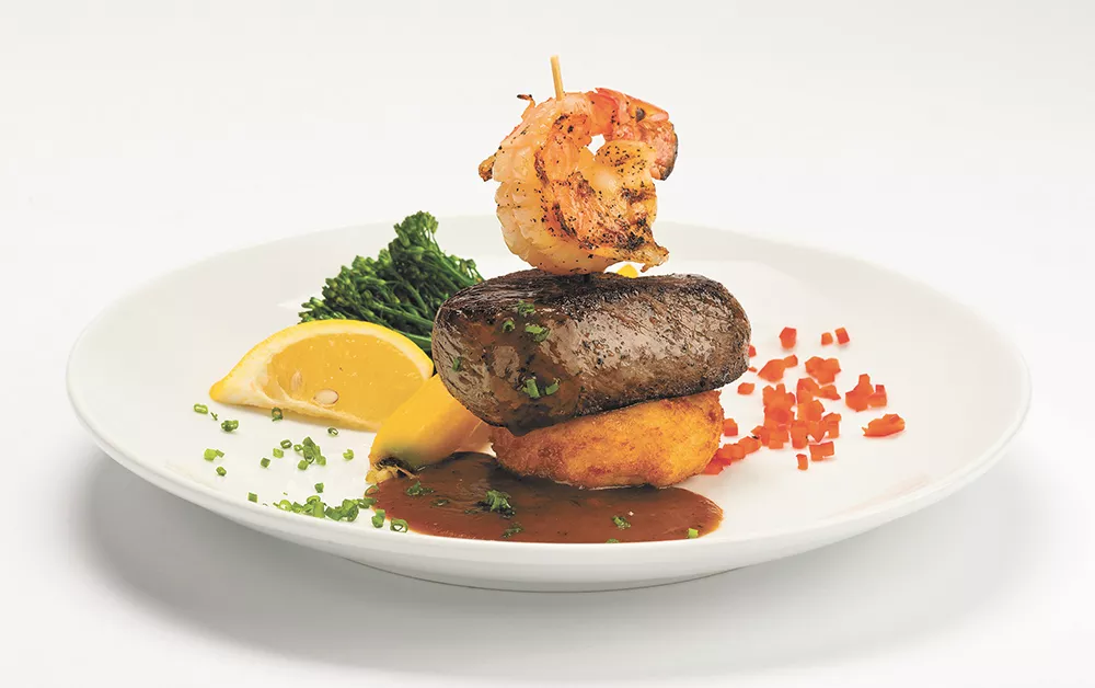As the season changes, so does Beverly's menu. This sirloin & scallop-prawn skewer served on an Idaho potato cake with Cabernet demi-glace and scampi butter sauce is served daily from 5-6:30 pm