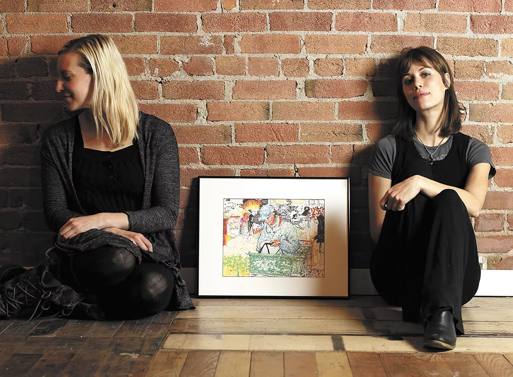 Richmond Art Collective co-founders Rebecca Chadwell, left, at Anne-Claire Mitchell at the gallery with Nile Livingston's piece "Finding Inspiration at the Market." - YOUNG KWAK
