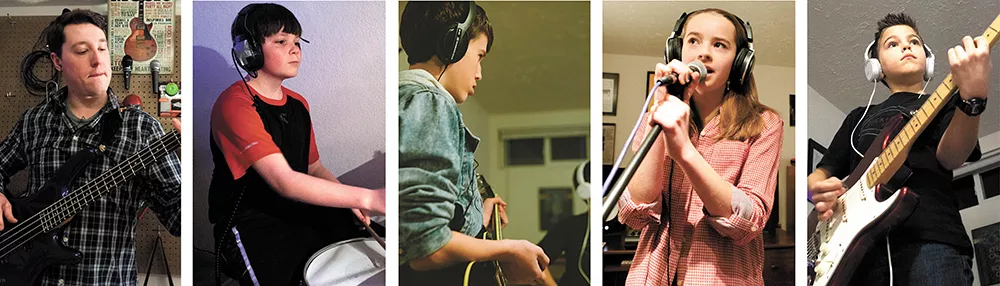 Teacher Sean Burgett (left) rocks out with students (from left) Drake, Jesse, Claire and Blake at his Spokane Valley studio. - KIRSTEN BLACK