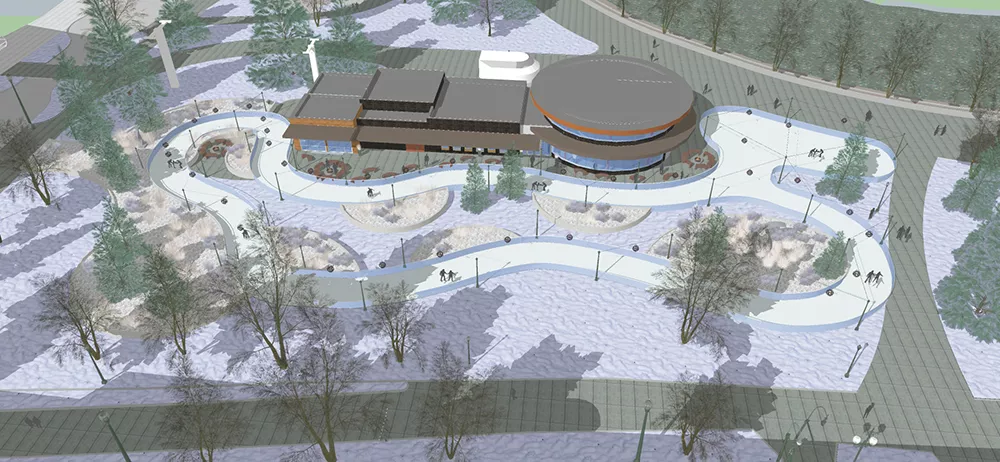 The decision to change the ice rink design from a "rink" to a "ribbon" resulted in this cool design here — but added $900,000 to the project. - STANTEC DESIGN