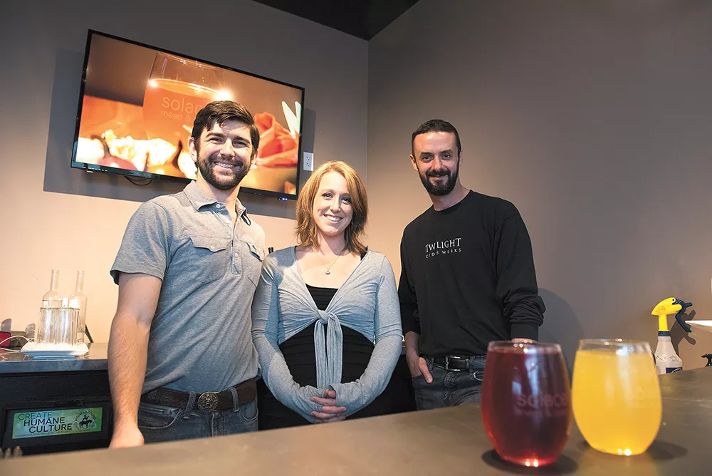 Jeremy and Michelle Kyncl (left) of Hierophant Meadery with Will Jordan (right) of Twilight Ciderworks. - DEREK HARRISON