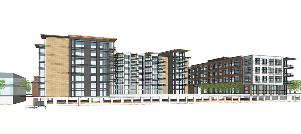 An initial rendering of a planned 200,000-square-foot residential, office and retail complex to be constructed in Kendall Yards. - GREENSTONE HOMES PHOTO
