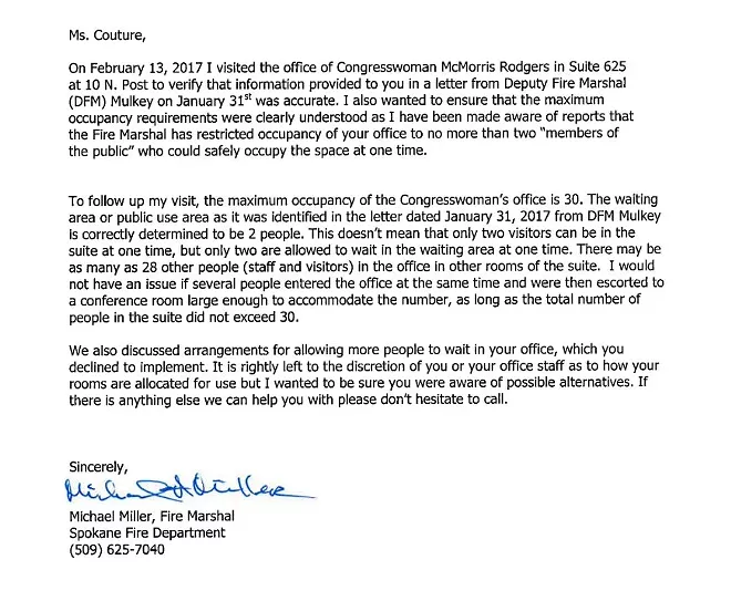 Follow-up letter sent on Feb. 14 from the Spokane Fire Marshall outlining the options that allowed more than two people to wait in the office at a time.