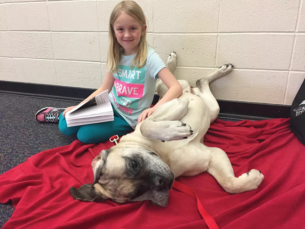 Ellee is ready for a belly rub during a Reading Rover session with Kayden at Windsor Elementary in Cheney.