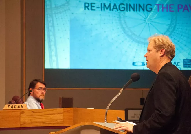 Berger Partnership principal Guy Michaelsen makes his case for leaving the pavilion uncovered. - DANIEL WALTERS PHOTO