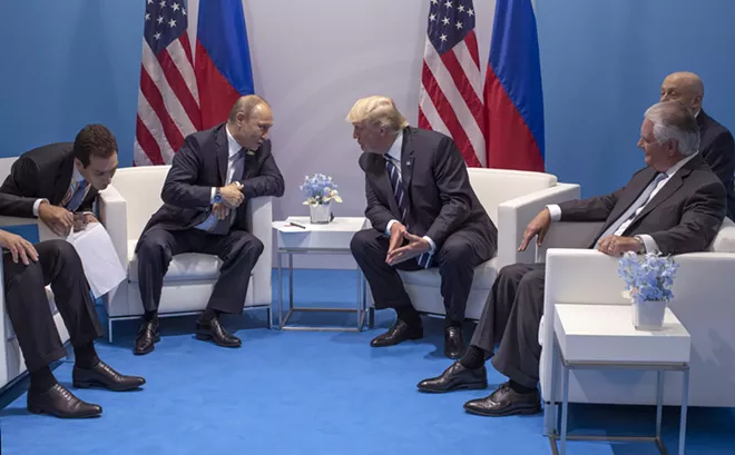 President Donald Trump during a meeting with Russian President Vladimir Putin at the G-20 summit in Hamburg, Germany, July 7, 2017. At right is Secretary of State Rex Tillerson. - STEPHEN CROWLEY/THE NEW YORK TIMES