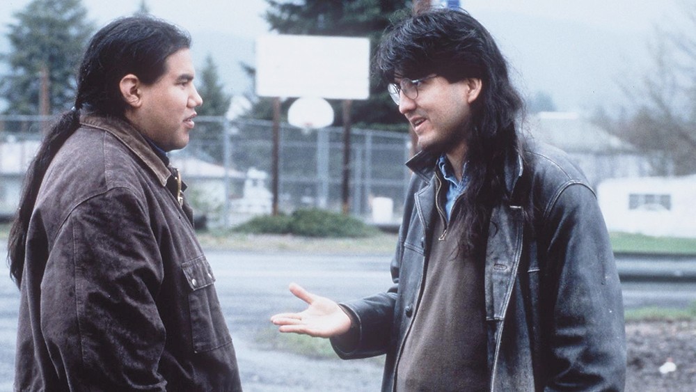 Sherman Alexie, right, with director Chris Eyre on the set of Smoke Signals in 1998. - MIRAMAX PHOTO