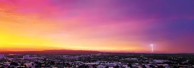 Lightning strikes north of Spokane during sunset. "It's certainly hard to get lightning shots, but even harder to do it with a drone due to all the weather implications," says Brendan Dowling. - BRENDAN DOWLING PHOTO