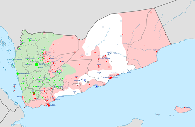 This map shows the area in Yemen controlled by the Houthis (in green), the Yemeni government (in red), and a powerful al-Qaeda faction (in white). - WIKIMEDIA COMMONS