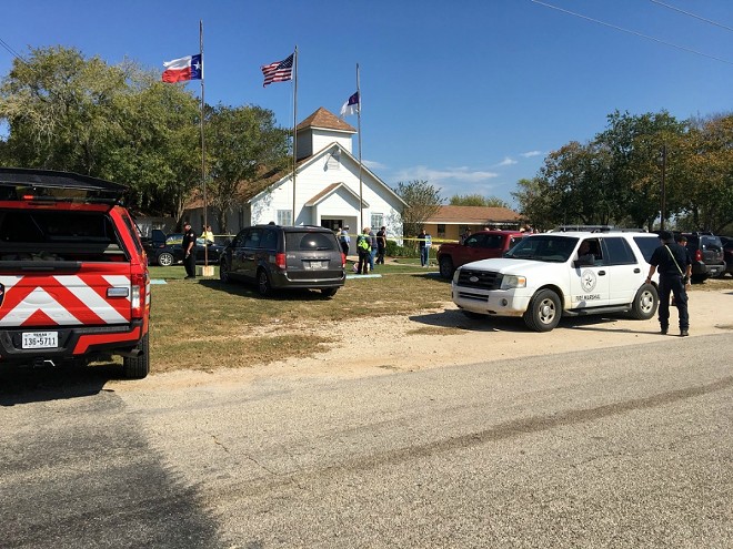 The area around a site of a mass shooting is taped out in Sutherland Springs, Texas on November 5, 2017, in this picture obtained via social media.