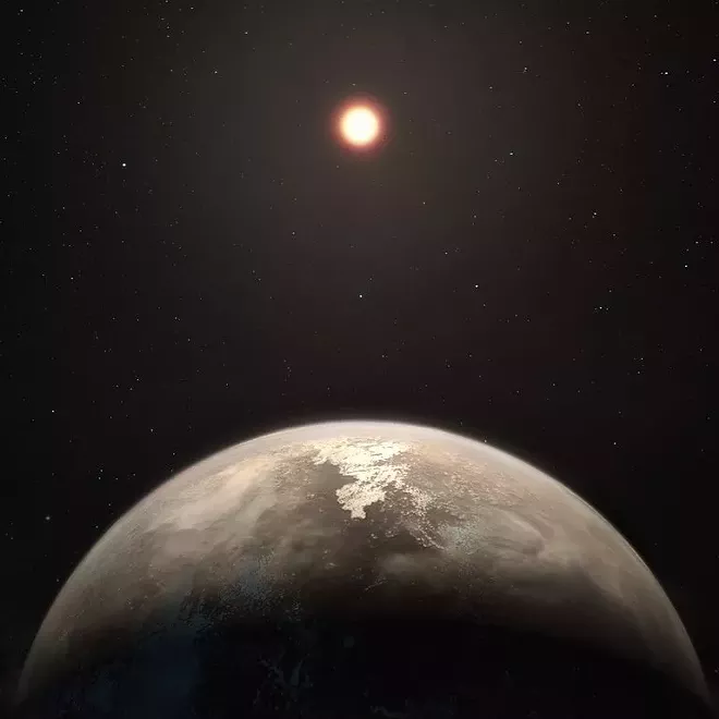 An artist’s impression of a newly discovered planet and its red dwarf star, Ross 128. The planet, 11 light-years away, is roughly the size of Earth but closer to Ross 128 than our planet, or even Mercury, is to our sun. - M. KORNMESSER/EUROPEAN SOUTHERN OBSERVATORY