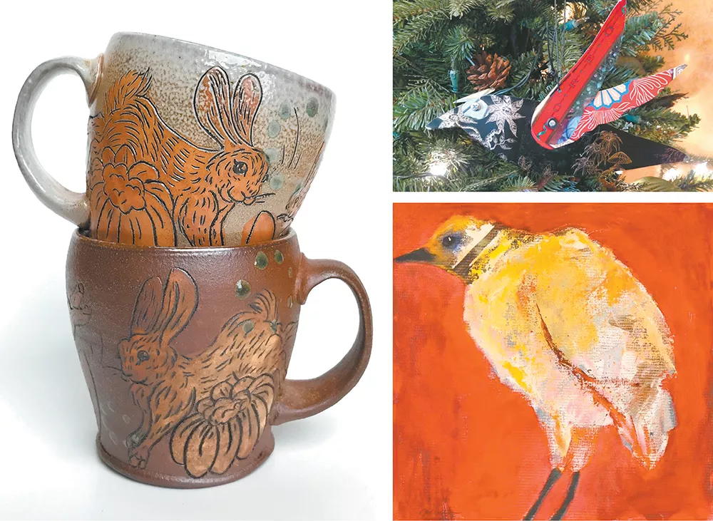 CLOCKWISE: Jordan Jones' rabbit mugs in Cup of Joy at Trackside, Karen Ciaffa in the Ornament and Small Works Show at Spokane Art School, and "A Change in Temperature" by Mel McCuddin in the Small Artworks Invitational at the Art Spirit Gallery.