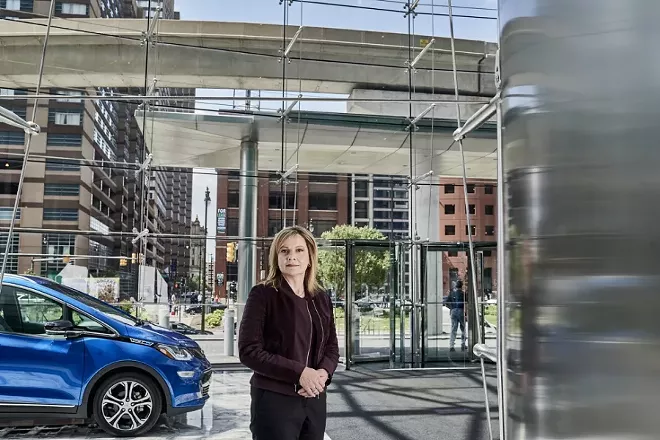 Mary Barra, the chief executive of General Motors, with a self-driving Chevrolet Bolt EV at GM headquarters in Detroit, June 2, 2017. GM is redirecting energy and capital toward a race with Silicon Valley to create self-driving cars. “We are very, very serious and intent on putting something on the road,” Barra said of the company’s automated vehicles. “We definitely want to be first.” - JOE VAUGHN/THE NEW YORK TIMES