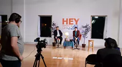 Jared Munson (left) and sidekick Jason Komm film the first episode of their new talk show. - DAN NAILEN