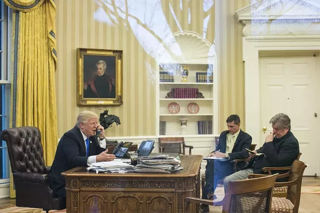 President Donald Trump takes a call with National Security Advisor Michael Flynn and Stephen Bannon in attendance, in the Oval Office of the White House in Washington, Jan. 28, 2017. Trump essentially excommunicated his former chief strategist on Jan. 3, 2018, saying that Bannon had “lost his mind” in response to reports that Bannon described Donald Trump Jr.’s meeting with Russians as “treasonous” and “unpatriotic.” - AL DRAGO/THE NEW YORK TIMES