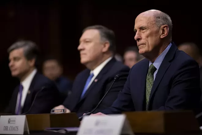 Dan Coats, director of National Intelligence, right, while testifying at a hearing about worldwide threats before the Senate Intelligence Committee on Capitol Hill, in Washington, Feb. 13, 2018. - ERIC THAYER/THE NEW YORK TIMES