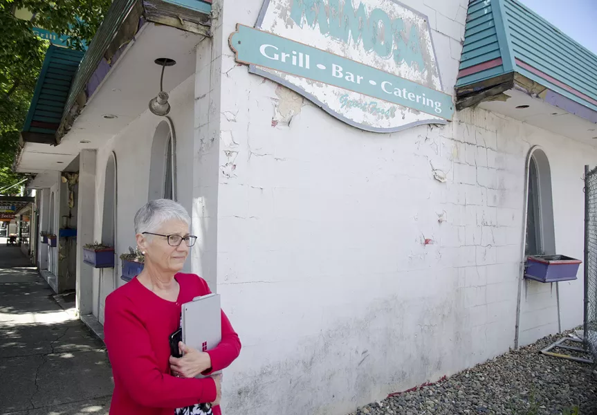 Nancy Swanger, outside the Mimosa building. - JACOB JONES PHOTO