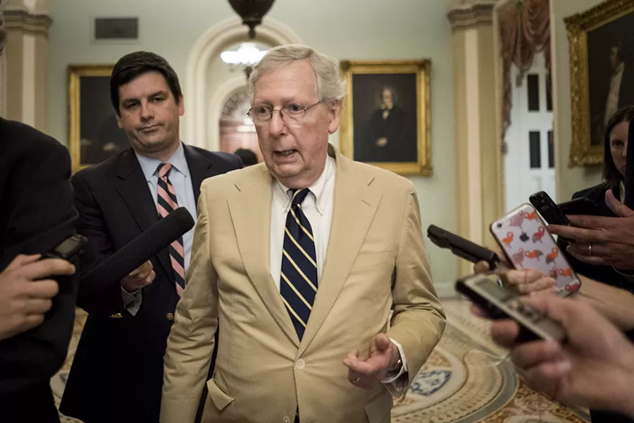 Senate Majority Leader Mitch McConnell (R-Ky.) speaks to reporters on Capitol Hill in Washington, July 16, 2018. McConnell, who rarely grants hallway interviews in the Capitol, uttered three terse sentences: “The Russians are not our friends. I’ve said that repeatedly, I say it again today. And I have complete confidence in our intelligence community and the findings that they have announced.” - ERIN SCHAFF/THE NEW YORK TIMES