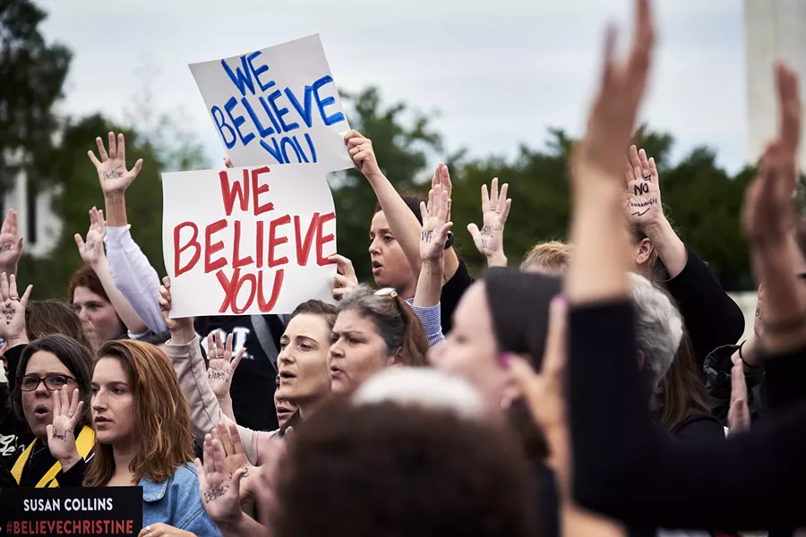 Protesters opposed to the nomination of Judge Brett Kavanaugh to the Supreme Court demonstrate outside the court in Washington before the start of a Senate Judiciary Committee hearing on Thursday, Sept. 27, 2018. Christine Blasey Ford is set to testify about her accusation that Kavanaugh sexually assaulted her. - T.J. KIRKPATRICK/THE NEW YORK TIMES
