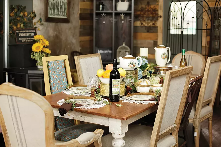 Farm Salvation's Gerri Johnson's vintage china feels fresh and friendly when combined with earthy elements — above, a fruit bowl and a scattering of gourds offer an autumn touch. - YOUNG KWAK
