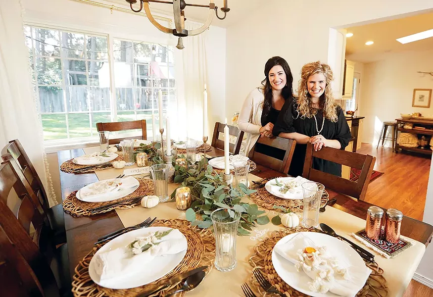 Haven + Pine's Ginny Taylor (right) and Meghan Mollahan prefer to keep center of table decor low so that guests an see each other. - YOUNG KWAK PHOTO