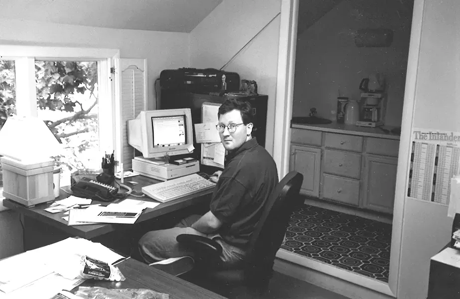 Ted at work, upstairs in the old house on Dean back in 1995. Note the boombox on top of the file cabinet.