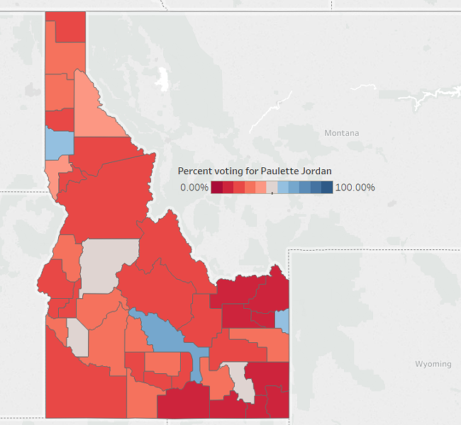 Paulette Jordan struggled to break 50 percent anywhere in Idaho - DANIEL WALTERS DATA VISUALIZATION