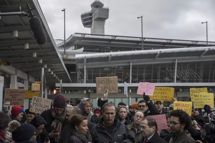 Rep. Jerrold Nadler (D-N.Y.), second from right, participates in a protest against the Trump administration's travel ban at John F. Kennedy International Airport in New York, Jan. 28, 2017. Nadler, under heavy pressure from Democrats, has already begun drawing up ambitious plans for how to use his power as the leader of the House Judiciary Committee — and for now the only “I” word they include is immigration. - VICTOR J. BLUE/THE NEW YORK TIMES