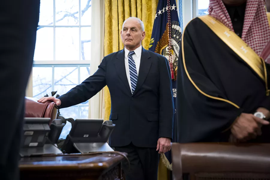 ohn Kelly, White House chief of staff, looks on as President Donald Trump meets with Crown Prince Mohammed bin Salman of Saudi Arabia, in the Oval Office of the White House, in Washington, March 20, 2018. Kelly is likely to leave his post in the next few days, ending a tumultuous 16-month tenure still among the longest for a senior aide to President Trump, two people with direct knowledge of the developments said on Dec. 7, 2018. - DOUG MILLS/THE NEW YORK TIMES
