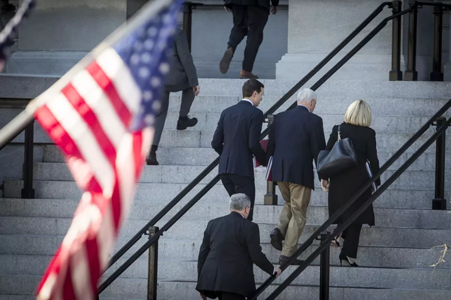 From left: Jared Kushner, Vice President Mike Pence and Homeland Security Secretary Kirstjen Nielsen enter the Eisenhower Executive Office Building for a second day of negotiations on border security and the government shutdown, in Washington, Jan. 6, 2019. - SARAH SILBIGER/THE NEW YORK TIMES