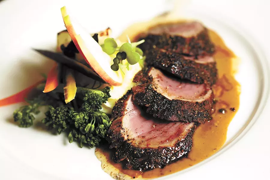 Wild Sage executive chef Charlie Conner's pork tenderloin au poivre from the restaurant's winter menu. - YOUNG KWAK PHOTO