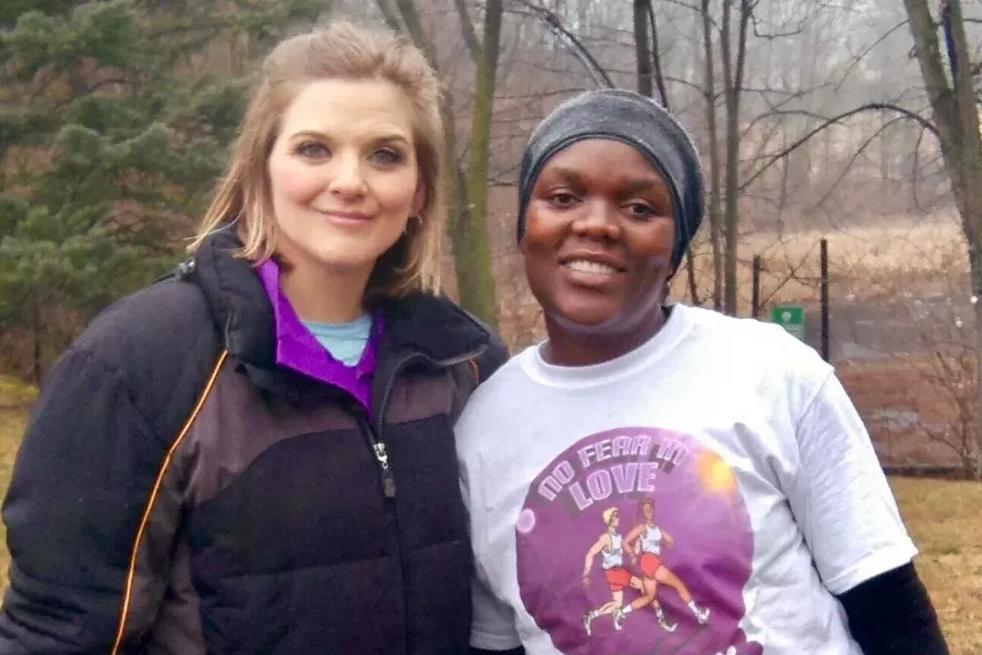 Karen Bontrager (left) founder of the No Fear in Love race, poses with a race participant. - PHOTO COURTESY OF NO FEAR IN LOVE
