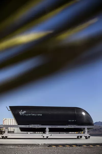 A passenger pod at the Virgin Hyperloop One test center in Moapa, Nev., Feb. 11, 2019. The system would put passengers in pods hurtling through vacuum tubes. Other companies are moving ahead with similar plans. - JOE BUGLEWICZ/THE NEW YORK TIMES