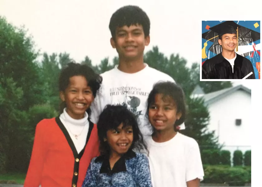 Vy Thang with his sisters. INSET: Thang at a graduation inside prison.