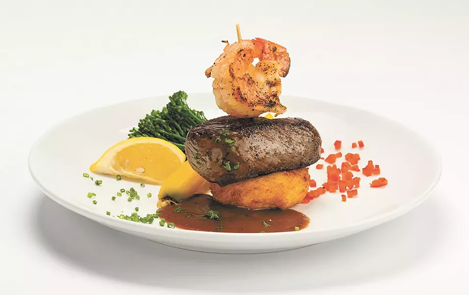 As the season changes, so does Beverly's menu. This sirloin & scallop-prawn skewer served on an Idaho potato cake with Cabernet demi-glace and scampi butter sauce is served daily from 5-6:30 pm