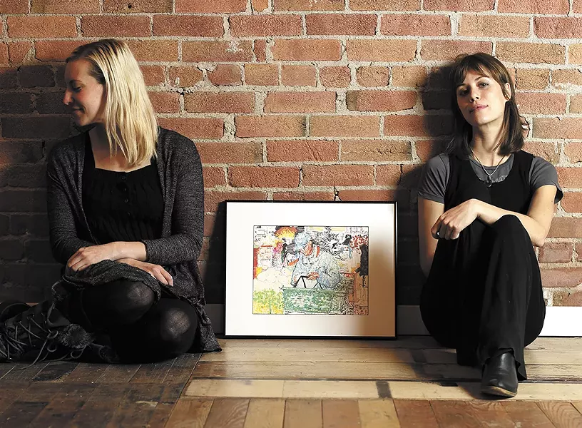 Richmond Art Collective co-founders Rebecca Chadwell, left, at Anne-Claire Mitchell at the gallery with Nile Livingston's piece "Finding Inspiration at the Market." - YOUNG KWAK