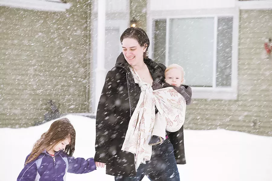 Babywearing education Jessica Hrehor and her daughter, Kalin, and her son, James. - KRISTEN BLACK