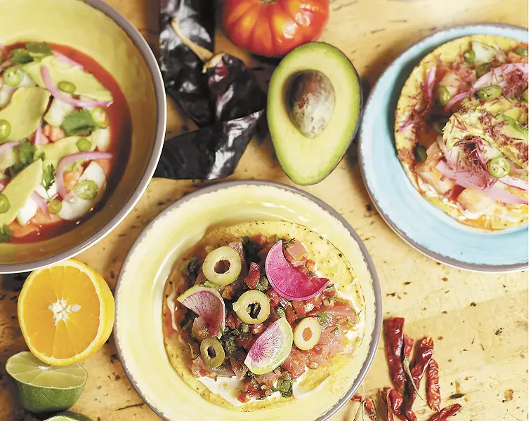 Veracurz Atun ceviche, Yucatan shrimp and Sinaloa shrimp are displayed at Zona Blanca. - YOUNG KWAK