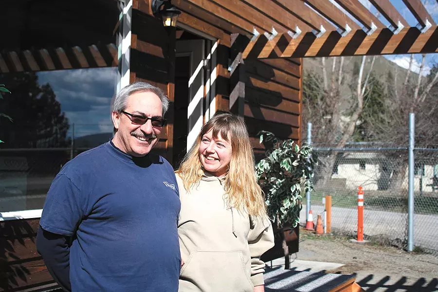 Keith and Daisy Wilder, of Wilder Construction, in front of the first tiny home built for Hope Street. - SAMANTHA WOHLFEIL PHOTO