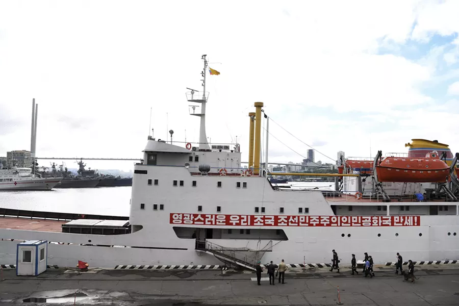 The North Korean ferry boat Man Gyong Bong arrives to the port of Vladivostok, Russia, June 15, 2017. North Korea, in desperate need of foreign currency, has sent tens of thousands of its impoverished citizens across its border where they are welcomed as “fast, cheap and reliable” laborers. - JAMES HILL/THE NEW YORK TIMES