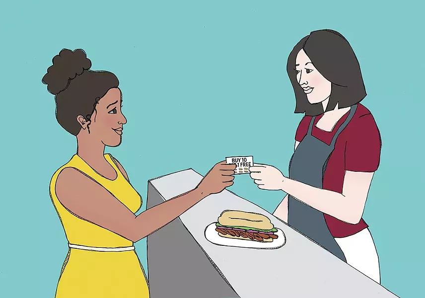 Many restaurant loyalty programs are now going digital in place of paper punch cards. - JESSIE HYNES ILLUSTRATION