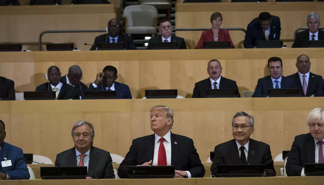 President Donald Trump, center, during a meeting on United Nations reform at the United Nations headquarters in New York, Sept. 18, 2017. U.N. Secretary-General António Guterres is at left. - DOUG MILLS/THE NEW YORK TIMES